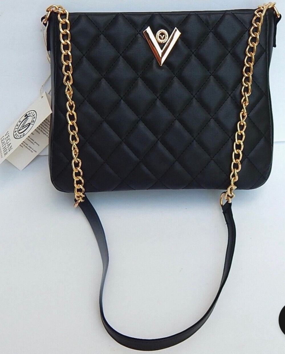 Valentino Orlandi black quilted vegan leather shoulder bag gold-tone chain $278